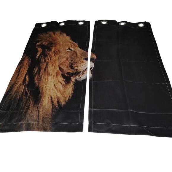 2 Panels Lion Graphic Curtains On Black Background, 42"W x 40"L (Excludes Rings) - Picture 2 of 6